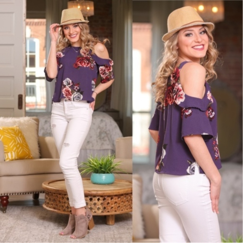 Plum Floral Cold Shoulder Tunic